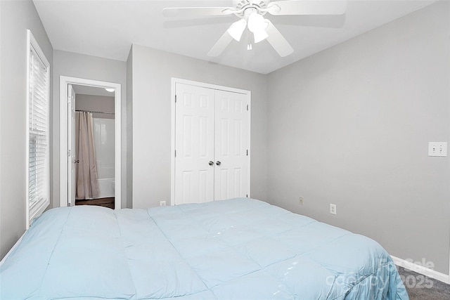 5943 Pisgah Way, Charlotte, NC 28217 - bedroom with a ceiling fan, a closet, and connected bathroom