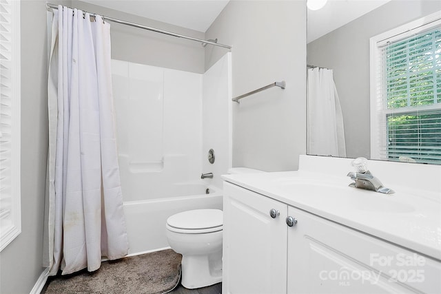 5943 Pisgah Way, Charlotte, NC 28217 - bathroom with vanity, toilet, and shower / tub combo with curtain