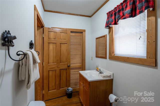 bathroom featuring vanity, crown molding, and wood finished floors