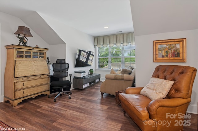 office area with baseboards, recessed lighting, and dark wood-style floors