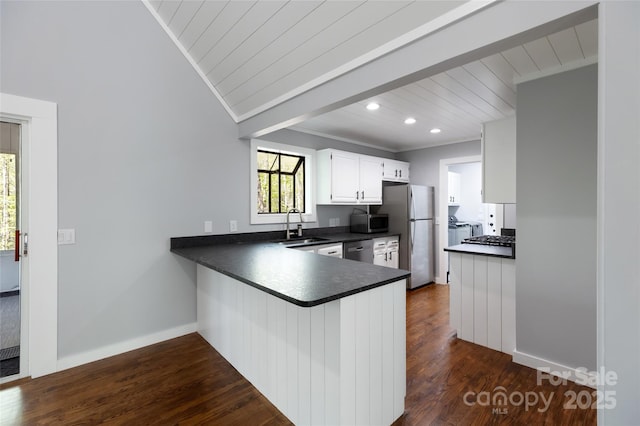 kitchen with dark countertops, appliances with stainless steel finishes, a sink, and dark wood-type flooring