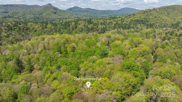 birds eye view of property featuring a mountain view and a forest view