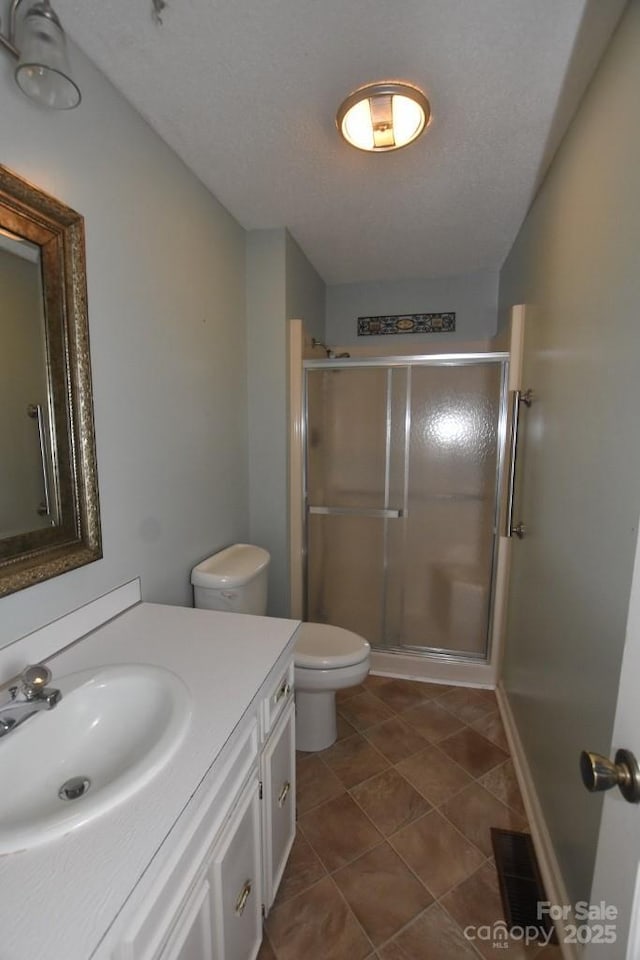 902 Church St NW, Valdese, NC 28690 - bathroom featuring visible vents, a stall shower, vanity, tile patterned floors, and toilet