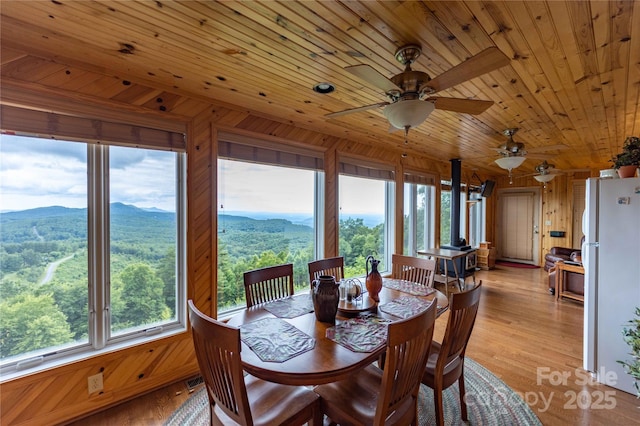 1053 Rich Hill Mountain Rd, Glade Valley, NC 28627 - dining space featuring wood ceiling, ceiling fan, a mountain view, and wood walls
