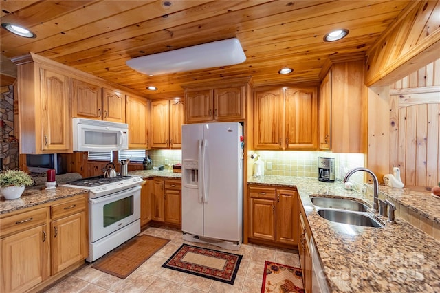 1053 Rich Hill Mountain Rd, Glade Valley, NC 28627 - kitchen with white appliances, light stone countertops, wooden ceiling, tasteful backsplash, and a sink