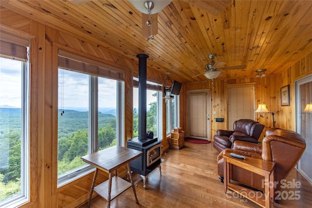 1053 Rich Hill Mountain Rd, Glade Valley, NC 28627 - living area with ceiling fan, wood walls, a wealth of natural light, and a wood stove
