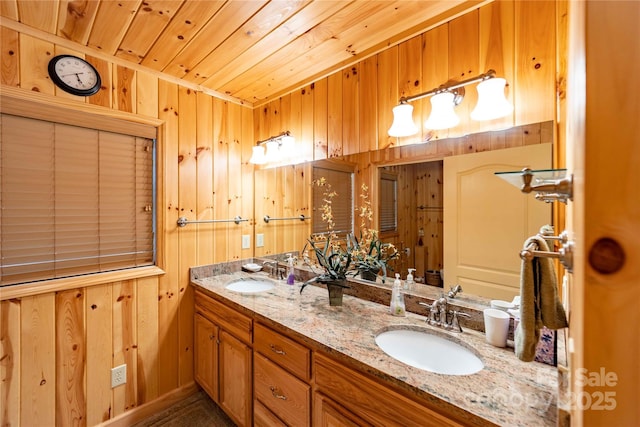 1053 Rich Hill Mountain Rd, Glade Valley, NC 28627 - bathroom featuring double vanity, a sink, wooden walls, and wooden ceiling