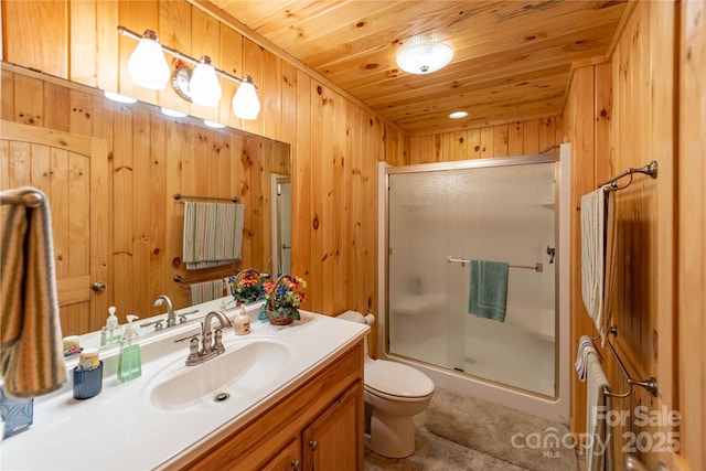 1053 Rich Hill Mountain Rd, Glade Valley, NC 28627 - bathroom featuring wooden walls, wood ceiling, a shower with shower door, and vanity