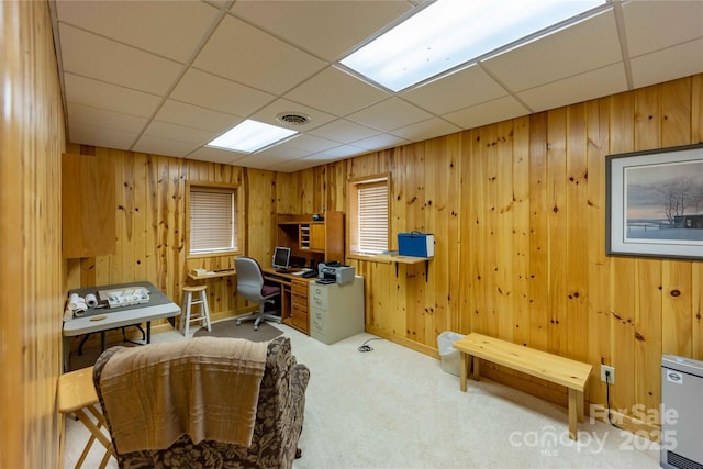 1053 Rich Hill Mountain Rd, Glade Valley, NC 28627 - office space featuring wooden walls, visible vents, carpet floors, and a paneled ceiling