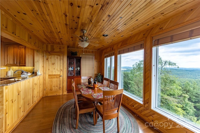 1053 Rich Hill Mountain Rd, Glade Valley, NC 28627 - dining area featuring a ceiling fan, dark wood finished floors, and wooden walls