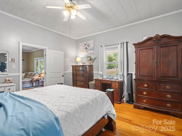 170 8th Ave, Cramerton, NC 28032 - bedroom with light wood-style floors, ornamental molding, and a ceiling fan