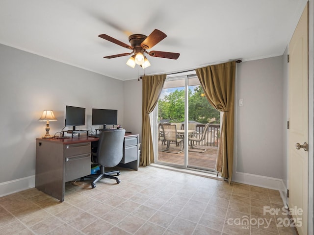 170 8th Ave, Cramerton, NC 28032 - home office with baseboards, ceiling fan, and ornamental molding