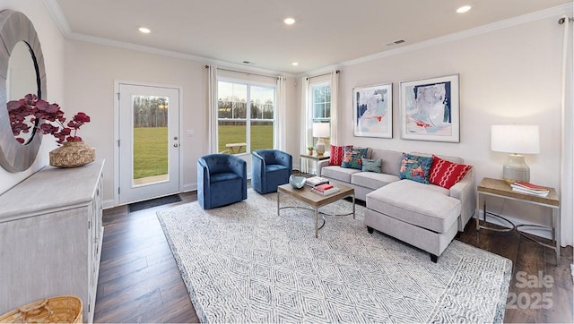 living area featuring recessed lighting, crown molding, dark wood-style flooring, and visible vents