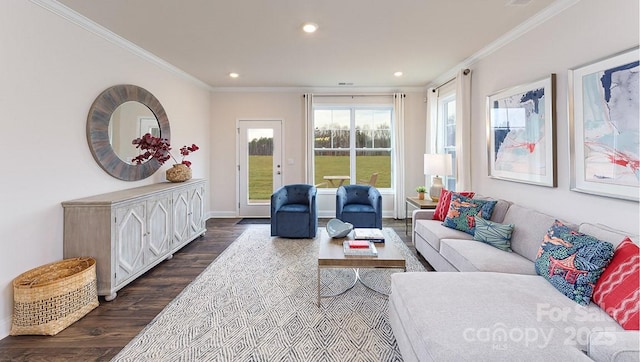 living area with recessed lighting, ornamental molding, and dark wood-type flooring