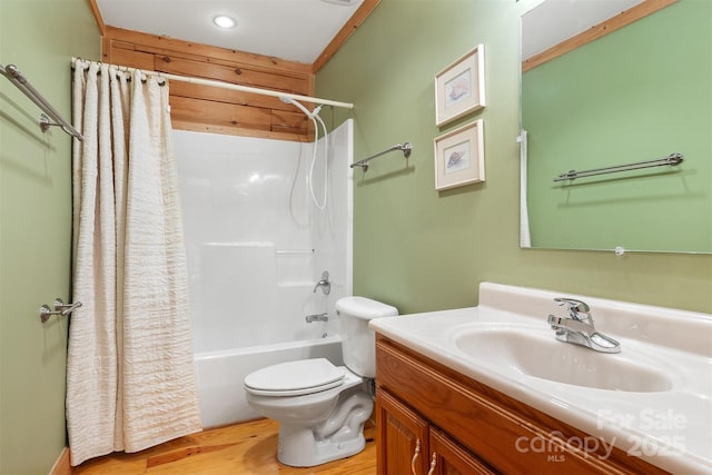 969 Twin Bridges Dr, Fleetwood, NC 28626 - bathroom with toilet, shower / bath combo with shower curtain, wood finished floors, vanity, and recessed lighting