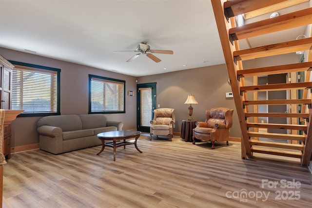 969 Twin Bridges Dr, Fleetwood, NC 28626 - living room with light wood-type flooring, visible vents, baseboards, ceiling fan, and recessed lighting