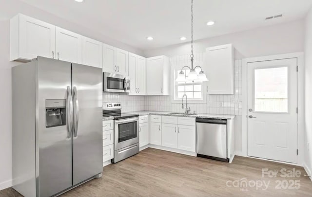 kitchen featuring appliances with stainless steel finishes, a sink, white cabinetry, recessed lighting, and visible vents