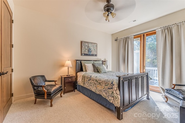 bedroom with access to exterior, visible vents, baseboards, ceiling fan, and light carpet