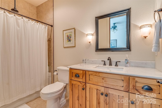 full bathroom with toilet, tile patterned flooring, vanity, and shower / tub combo