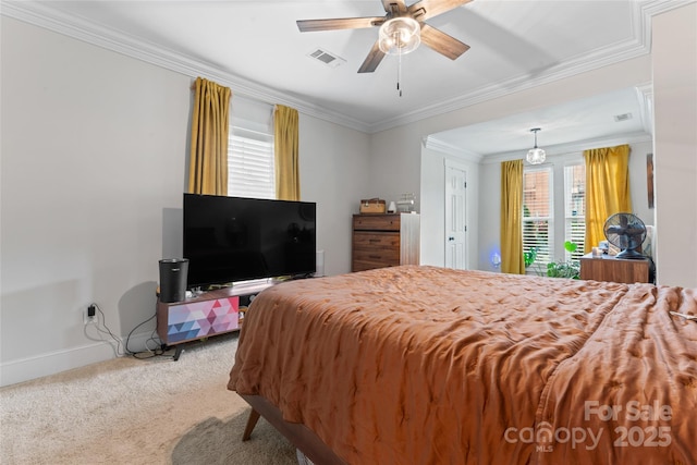 bedroom with carpet, a ceiling fan, baseboards, visible vents, and ornamental molding