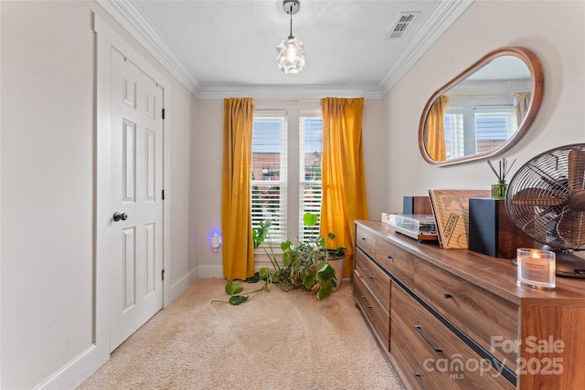 bedroom featuring crown molding, baseboards, light carpet, and visible vents