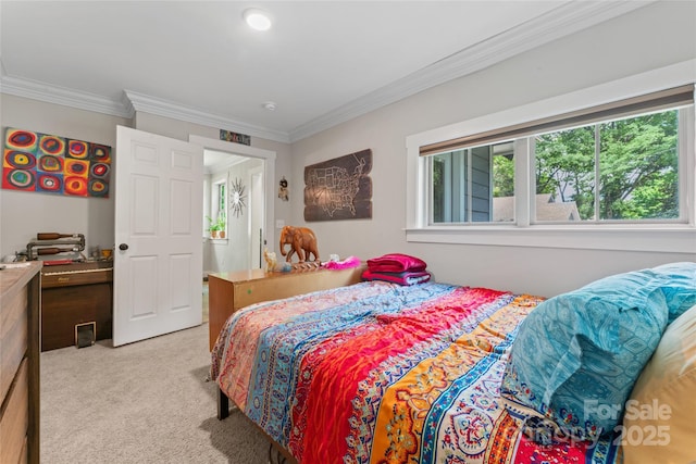 bedroom with light carpet, ornamental molding, and multiple windows
