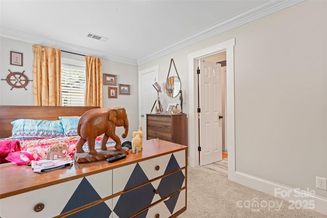 bedroom featuring light colored carpet, baseboards, visible vents, and ornamental molding