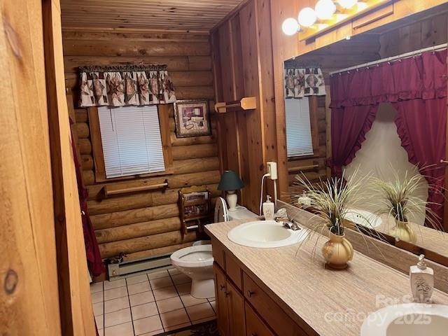 137 Amys Ridge Rd, Lake Lure, NC 28746 - bathroom with a sink, toilet, double vanity, wooden ceiling, and rustic walls