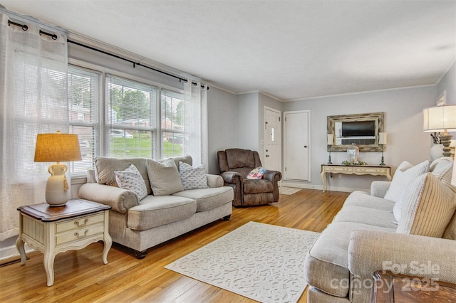 living area featuring ornamental molding and light wood-style flooring