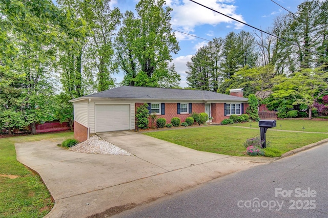 single story home with an attached garage, a front lawn, brick siding, a chimney, and driveway