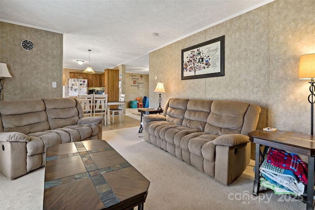 living area with a textured ceiling, light carpet, and ornamental molding