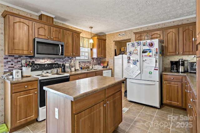 kitchen featuring white appliances, ornamental molding, light tile patterned flooring, backsplash, and a kitchen island