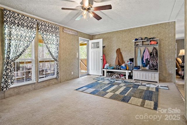 carpeted bedroom featuring a textured ceiling, crown molding, and a ceiling fan