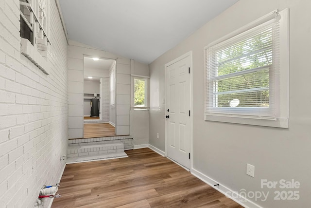 entrance foyer featuring lofted ceiling, baseboards, and wood finished floors