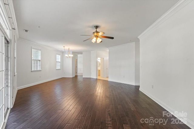 9047 Rosalyn Glen Rd, Cornelius, NC 28031 - unfurnished living room featuring a chandelier, ceiling fan, crown molding, dark wood finished floors, and baseboards