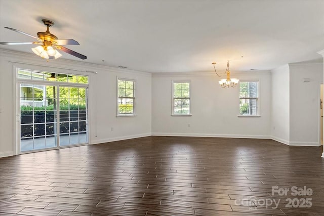 9047 Rosalyn Glen Rd, Cornelius, NC 28031 - unfurnished room with crown molding, a chandelier, dark wood-type flooring, ceiling fan, and baseboards