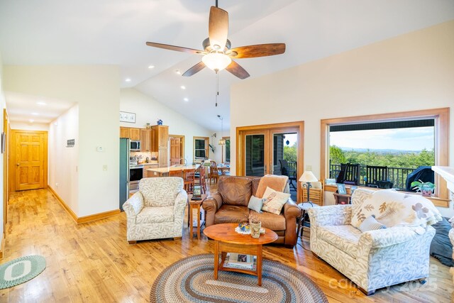 958 Alta Vista Ln, Sparta, NC 28675 - living area featuring light wood-style floors, a ceiling fan, recessed lighting, and high vaulted ceiling