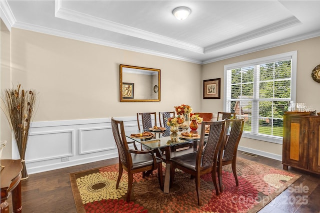 2854 Harlinsdale Dr, Rock Hill, SC 29732 - dining space featuring dark wood-type flooring, ornamental molding, a raised ceiling, and visible vents