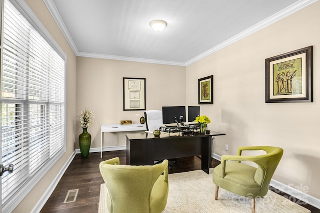 2854 Harlinsdale Dr, Rock Hill, SC 29732 - home office with baseboards, ornamental molding, dark wood-type flooring, and visible vents