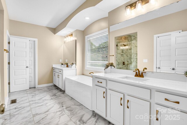 2854 Harlinsdale Dr, Rock Hill, SC 29732 - full bathroom with visible vents, a garden tub, marble finish floor, a sink, and a marble finish shower