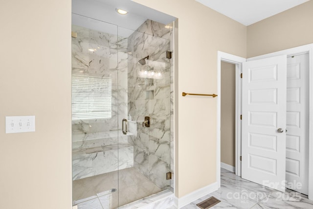 2854 Harlinsdale Dr, Rock Hill, SC 29732 - bathroom featuring visible vents, baseboards, marble finish floor, a marble finish shower, and recessed lighting