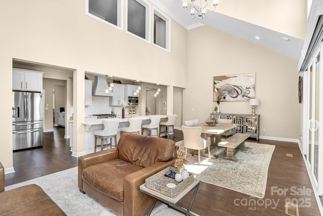 2854 Harlinsdale Dr, Rock Hill, SC 29732 - living area with dark wood-style flooring, a chandelier, recessed lighting, baseboards, and a towering ceiling