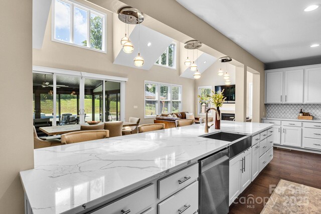 2854 Harlinsdale Dr, Rock Hill, SC 29732 - kitchen with light stone countertops, dishwasher, a sink, open floor plan, and recessed lighting