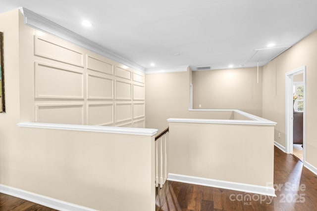 2854 Harlinsdale Dr, Rock Hill, SC 29732 - hall with recessed lighting, attic access, dark wood-style floors, and visible vents