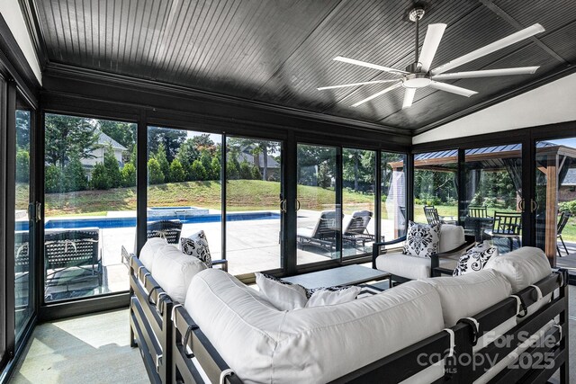2854 Harlinsdale Dr, Rock Hill, SC 29732 - sunroom with crown molding, a ceiling fan, and an outdoor hangout area