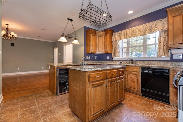 kitchen with brown cabinetry, crown molding, beverage cooler, a center island, and dishwasher