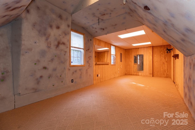 bonus room featuring carpet floors and wooden walls