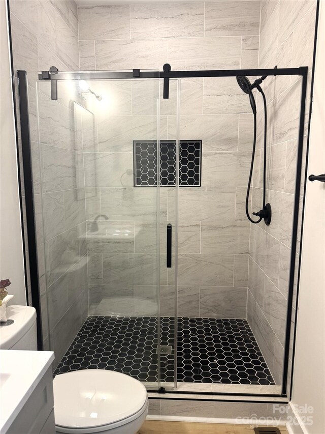 3114 Ansonville Rd, Marshville, NC 28103 - bathroom featuring toilet, a shower stall, and vanity