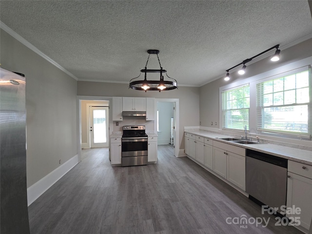 kitchen with a sink, appliances with stainless steel finishes, under cabinet range hood, and a textured ceiling