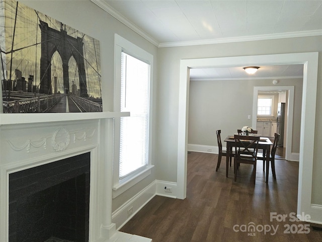 169 Freeze Ave NW, Concord, NC 28025 - dining area featuring dark wood-type flooring, ornamental molding, and a fireplace